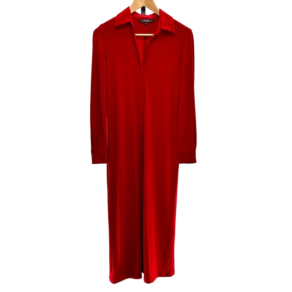 Norma Kamali Red Jersey Stretch Button Maxi Long Sleeve Shirt S Dress Msrp $224